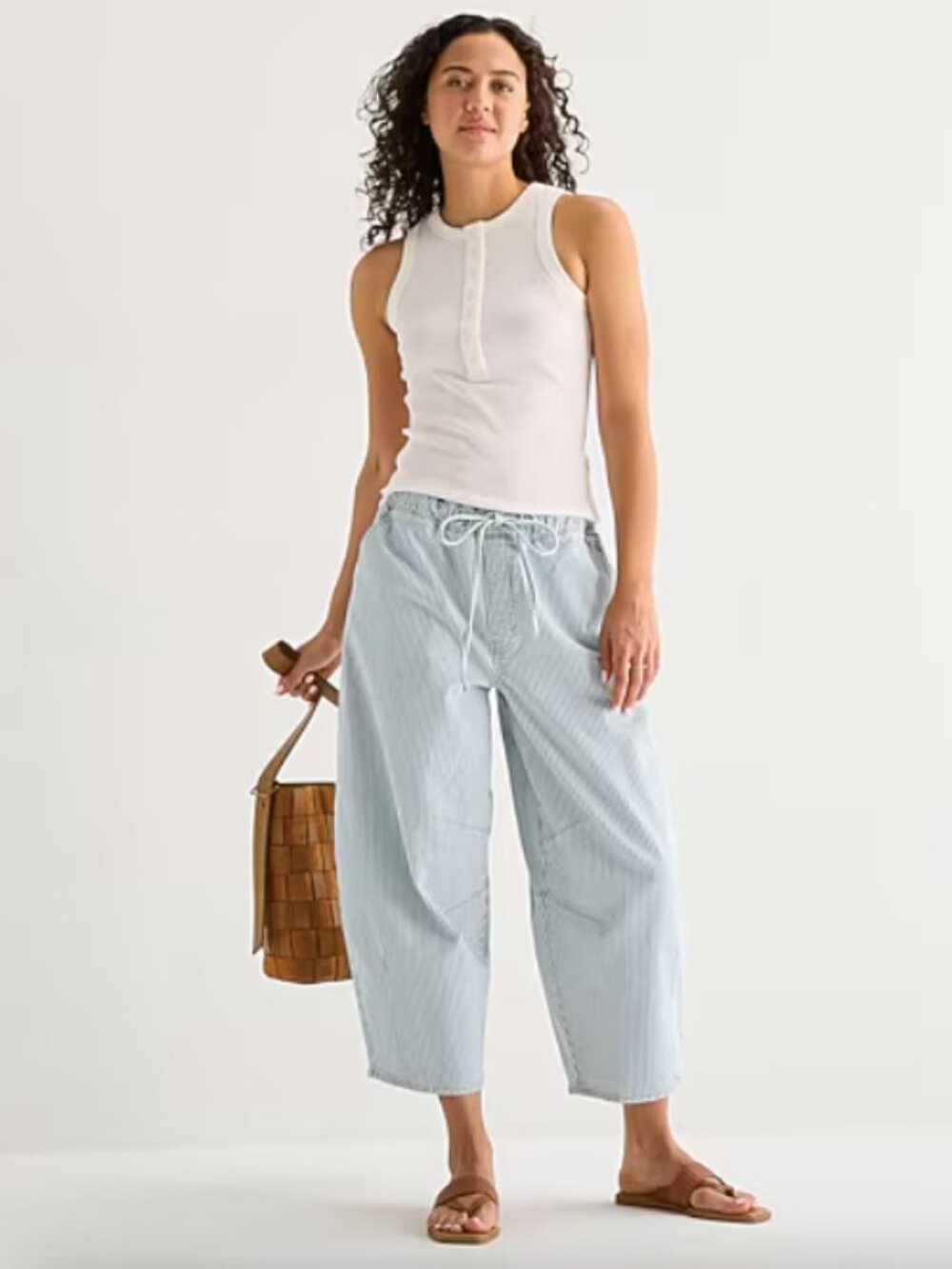 a.n.a Striped High Rise Baggy Barrel Tapered Drawstring Cotton Jeans Pants L XL